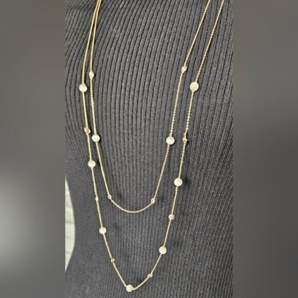 Gold Tone Double Layer Necklace w/ Pearls & Crystal Stations - Picture 4 of 6